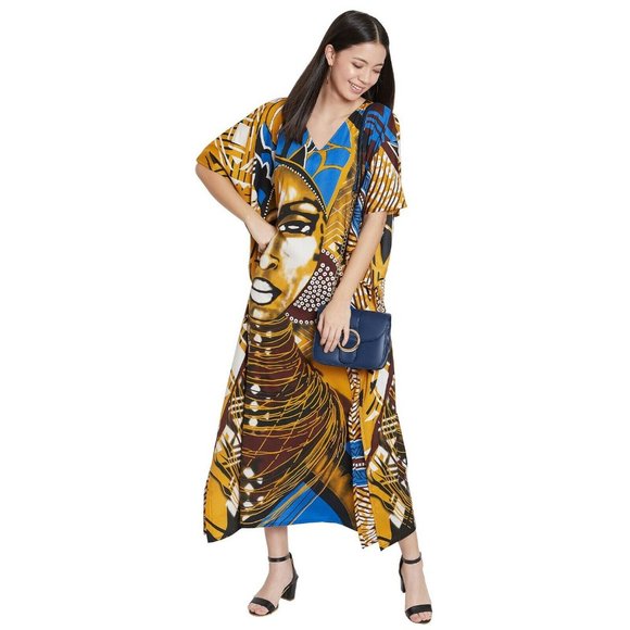 Lady Tribal Printed Caftan Dress Coverup With 3/4 Sleeve for Summer Beach Party - Picture 5 of 8